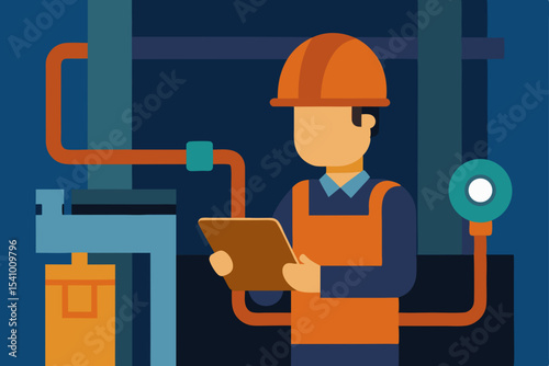 Cartoon construction worker with a clipboard and blueprint, a perfect illustration of a safety-conscious industrial engineer or architect