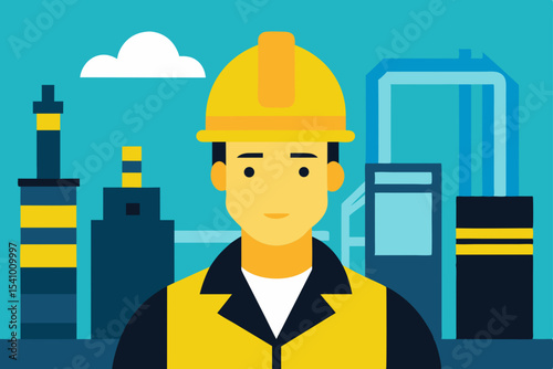 Portrait of a Construction Worker in Industrial Setting Hard Hat, Safety Vest, and Refinery Background