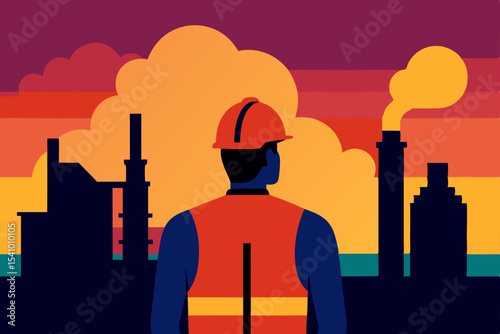 Industrial Worker Silhouetted Against Pollution Sunset  A Reflection on Environmental Impact