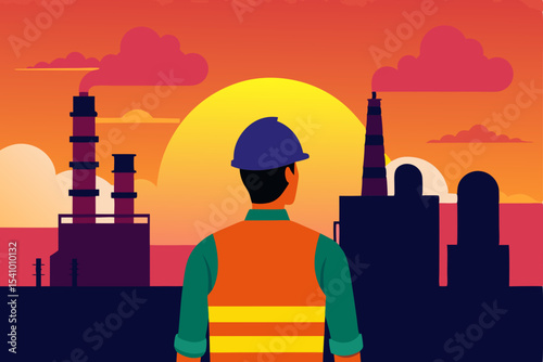 Industrial Sunset A Worker's Silhouette Against the Setting Sun Over a Factory Complex