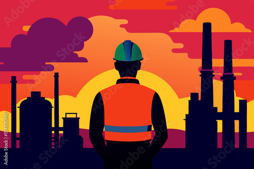 Industrial Sunset A Worker's Silhouette Against the backdrop of a Refining Plant
