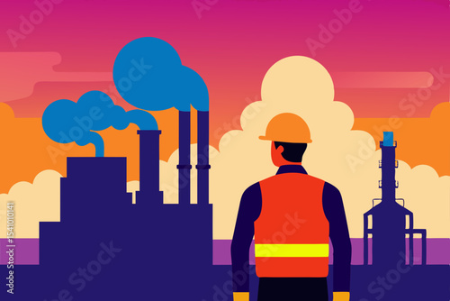 Industrial Worker Contemplating Factory Emissions A Sunset Silhouette