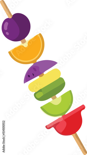 A fruit skewer featuring slices of plum, orange, watermelon, yellow melon, and green melon.