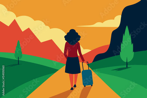 Solo Journey Woman Traveling on Scenic Road Towards Mountains at Sunset