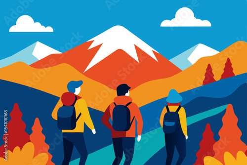 Mountain Adventure Hiking with Friends in Autumn Landscape