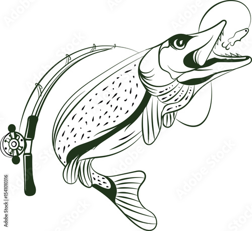 Bass Fish logo icon vector illustration design with fish rod and hook
