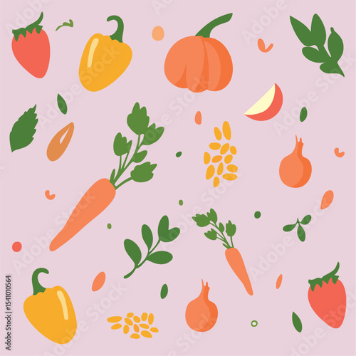 Fresh vegetables scattered art. Vector