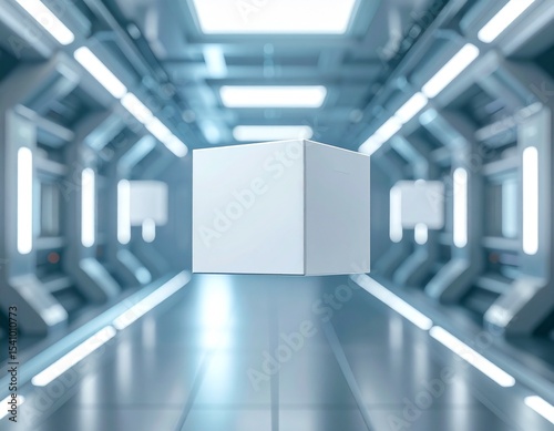 Futuristic Cube-Shaped Product Box Mockup Floating in Zero Gravity Inside a Sci-Fi Space Station – Modern Packaging Concept