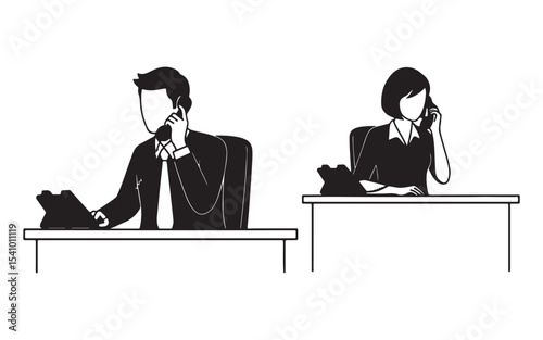 Business Professionals on Phone Calls at Desks - Black and White
