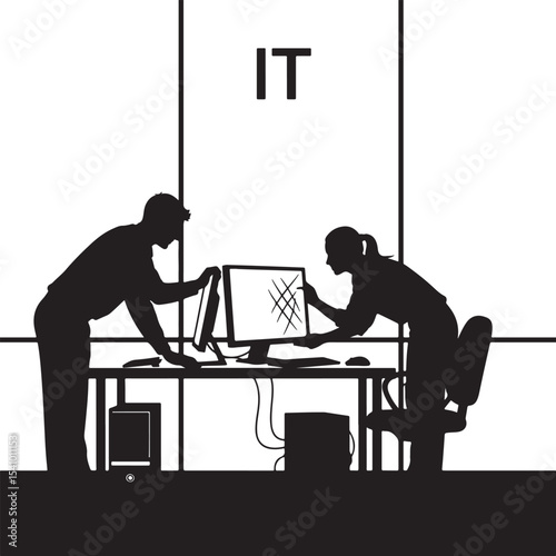 IT Support Technicians Working on Computer Problem Silhouette