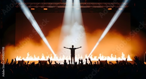 Solo Performer on Stage with Arms Outstretched Amidst Pyrotechnic Fire and Lights Generative AI