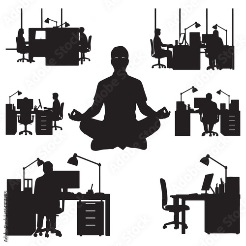 Office Workers and Meditating Figure Silhouette Set - Work-Life Balance Concept