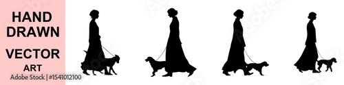 Silhouette vector of elegant woman walking dog in long dress, perfect for pet fashion, branding, decor, grooming logos, or lifestyle concept illustration design.