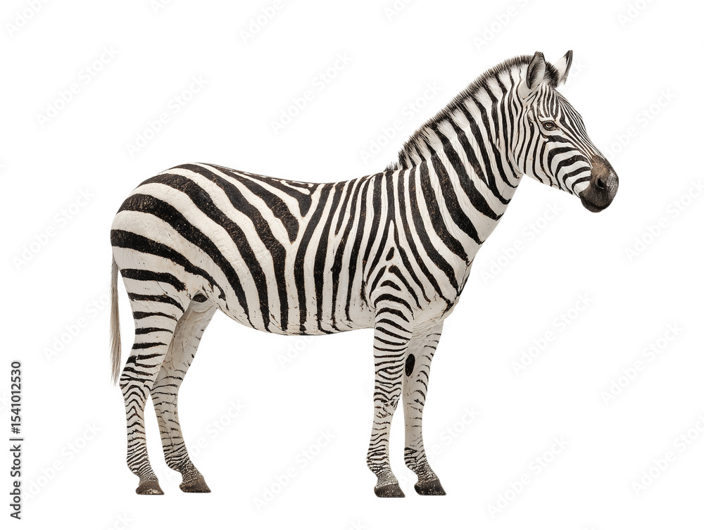 Fototapeta premium White isolated zebra with black stripes standing profile.