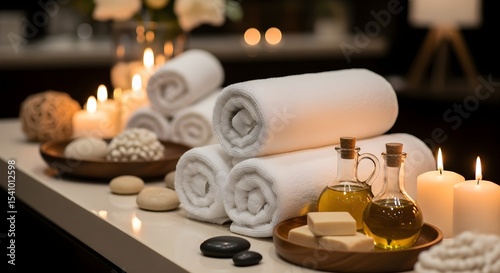 Spa and Wellness Still Life with Rolled Towels, Candles, and Massage Oils Generative AI