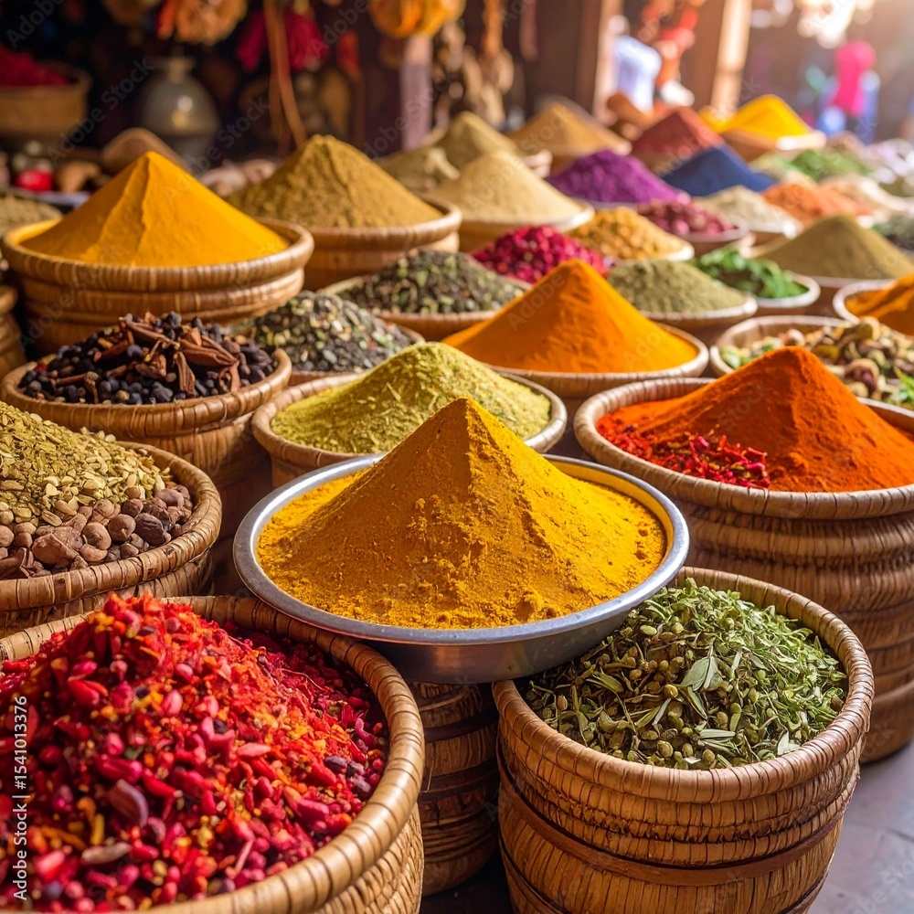 Fototapeta premium Wide‑angle shot of a vibrant spice market stall- a conical mound of curry masala