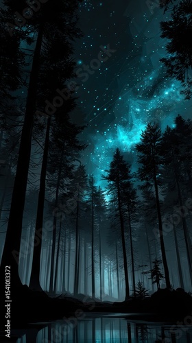 Dark, mystical forest at night under a vibrant night sky