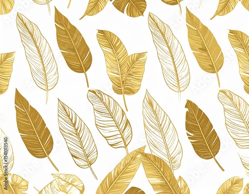 Luxury Tropical Leaves Pattern with Hand-Drawn Golden Banana Leaf Outlines on Dark Background