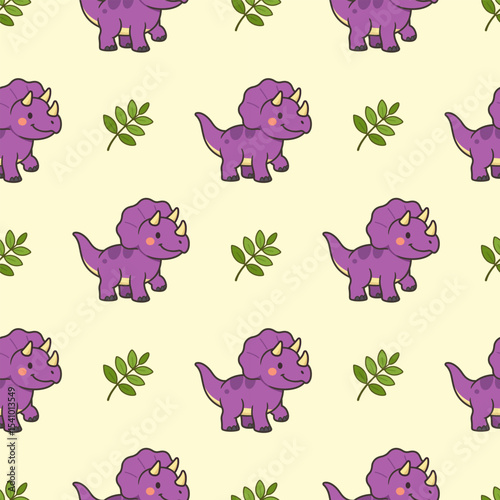Cute seamless pattern of purple Triceratops and green leaves on a light background