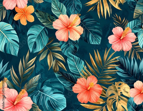 Seamless Exotic Floral Pattern with Vibrant Tropical Flowers and Lush Green Leaves – Repeat Wallpaper Design