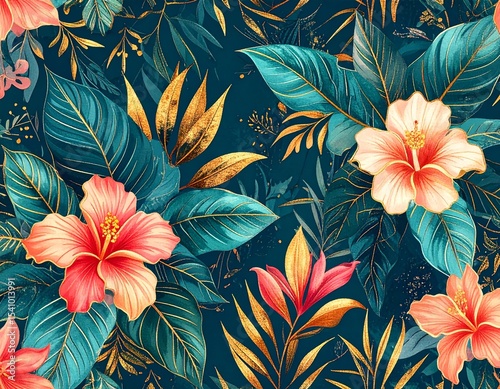 Seamless Exotic Floral Pattern with Vibrant Tropical Flowers and Lush Green Leaves – Repeat Wallpaper Design