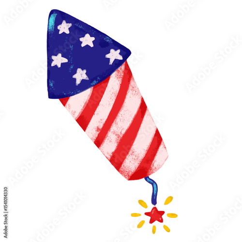 Cute hand drawn firework rocket happy 4th of july usa united states of America national independence day blue red stars stripes icon patriotic watercolor crayon doodle illustration design vector
