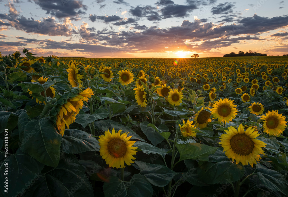 Fototapeta premium sunflower field at sunset background 