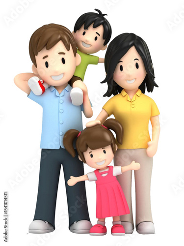Happy family of four smiling together with parents carrying children on shoulders