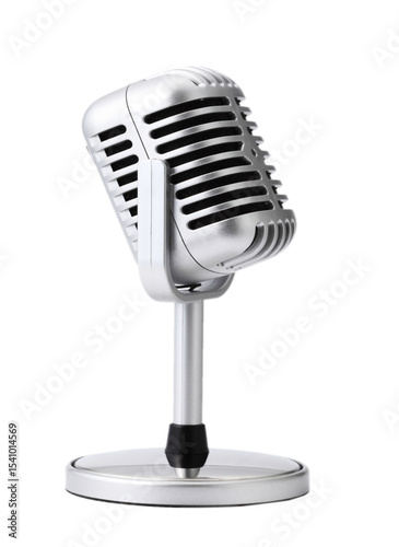 Retro silver microphone on a stand isolated against a clean white background