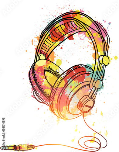 Colorful artistic illustration of headphones and audio jack with paint splatter effects