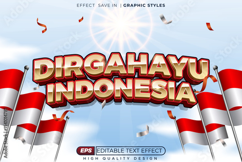 Editable 3d vector text effect dirgahayu indonesia in the sky