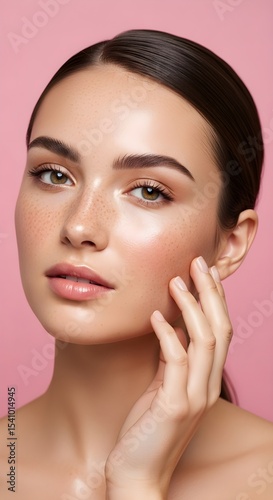 Close-up Portrait of Young Woman with Freckles, Glowing Skin, and Hand Touching Cheek Generative AI