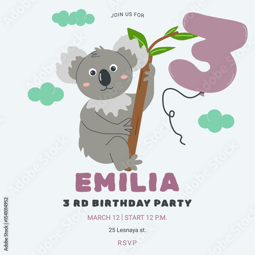 Invitation childrens birthday party with cute koala and number. Celebration third birthday. Greeting card template for children. Vector illustration.