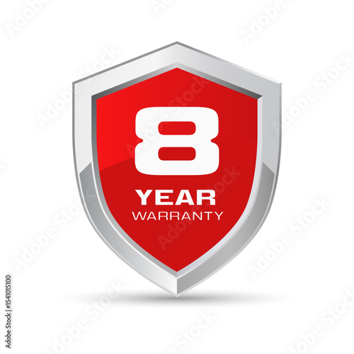 8 year warranty silver metal shield in red color vector illustration. Eight year warranty protection icon. Metallic security badge. Red glossy metal emblem.