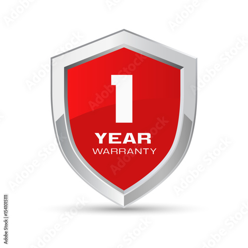 1 year warranty silver metal shield in red color vector illustration. One year warranty protection icon. Metallic security badge. Red glossy metal emblem.