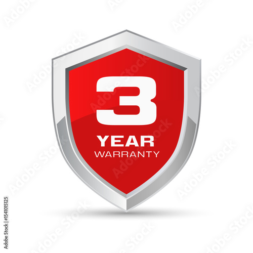 3 year warranty silver metal shield in red color vector illustration. Three year warranty protection icon. Metallic security badge. Red glossy metal emblem.