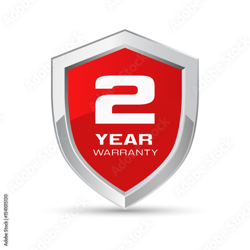 2 year warranty silver metal shield in red color vector illustration. Two year warranty protection icon. Metallic security badge. Red glossy metal emblem.