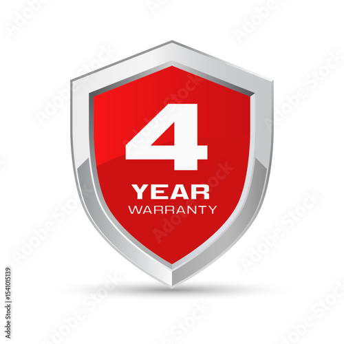 4 year warranty silver metal shield in red color vector illustration. Four year warranty protection icon. Metallic security badge. Red glossy metal emblem.