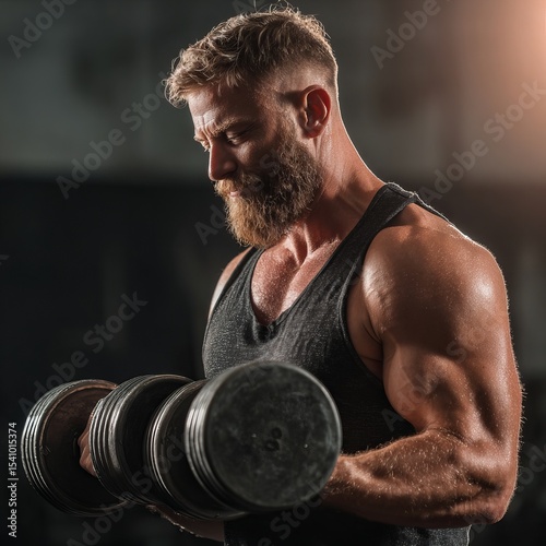 A muscular man lifting heavy dumbbells during an intense workout session. His focused expression and powerful physique highlight dedication to fitness.