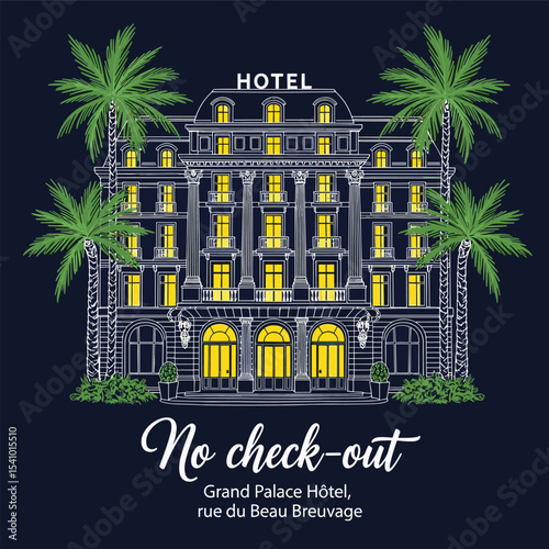 Hand sketch beach hotel graphics. Eco resort vintage t-shirt print design for vector graphic. summer beach artwork one color screen print design.