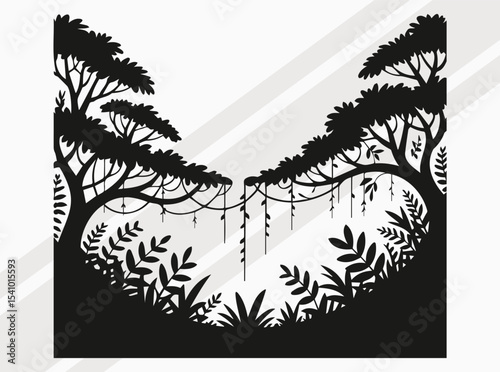 Jungle Canopy Silhouette, Serene Forest Path Silhouette with Hanging Vines and Foliage in Tranquil Nature