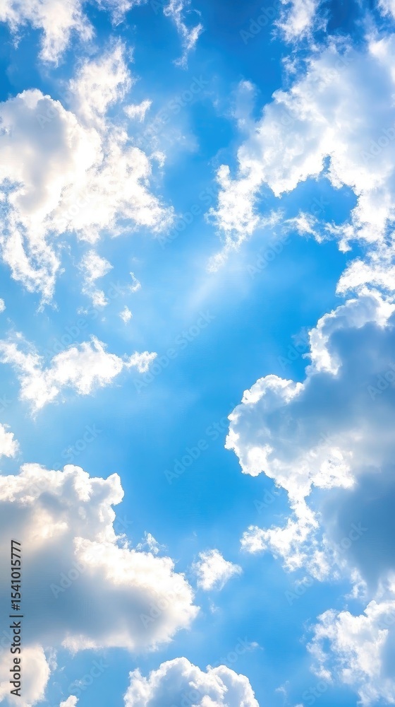 Obraz premium A vibrant sky filled with fluffy white clouds against a brilliant blue background, with sunbeams piercing through the clouds