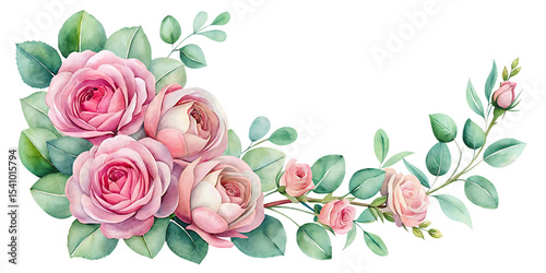Watercolor Painting of a Delicate Pink Rose and Eucalyptus Branch Arrangement Soft Pastel Floral Design A I Generated isolated on a transparent background