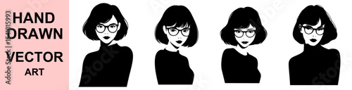Hand drawn fashionable woman with glasses and bob haircut vector illustration set in black, minimal portrait for beauty, style, elegance, and identity themes.