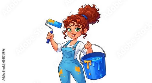 Cartoon illustration of an adult female painter holding a paint roller and paint bucket, smiling, isolated on white background.