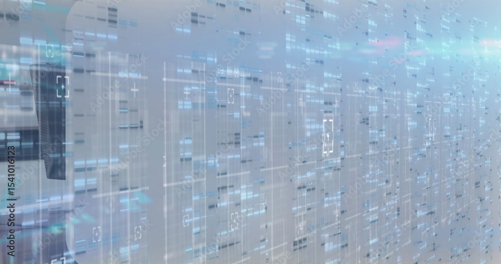 Obraz premium Covering racks with holographic data overlay in data center, with cooling vents and network cables