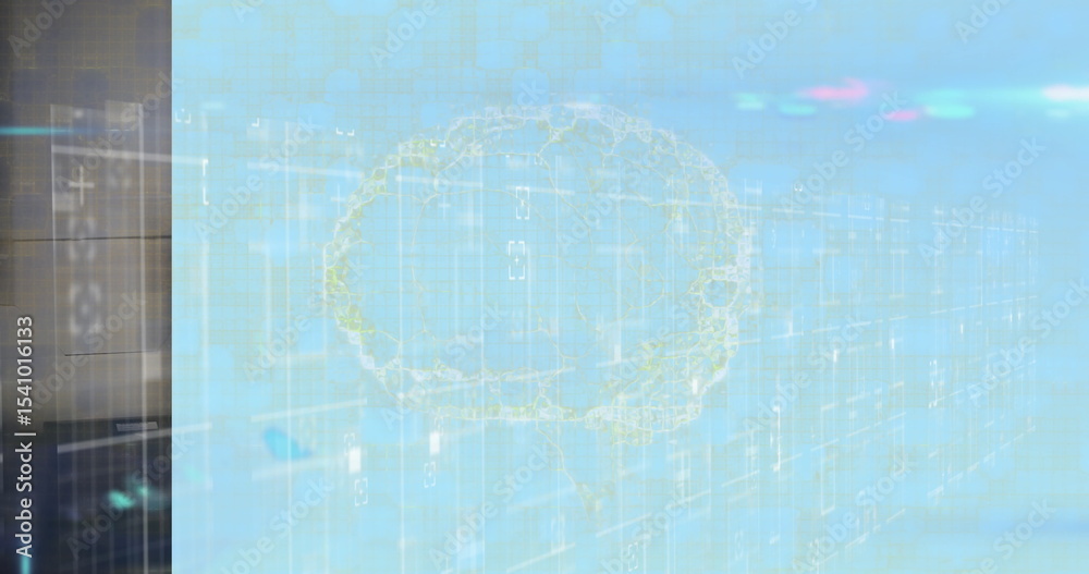 Fototapeta premium Floating brain hologram glowing over data center binary code grid with server racks, light flares