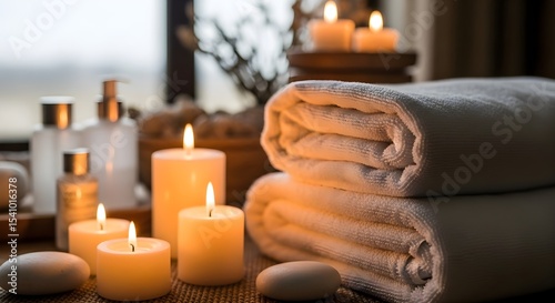 Spa and Wellness Scene with Softly Lit Candles, Towels, and Massage Oils Generative AI