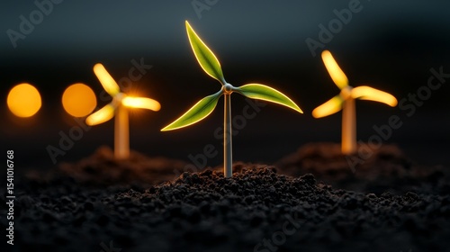 A symbolic illustration showcases a miniature wind turbine emerging from the earth embodying a concept of sustainable energy.