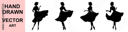 Elegant vintage women silhouette illustration in dancing poses wearing classic retro dresses, perfect hand drawn vector art for fashion design and creative decoration.